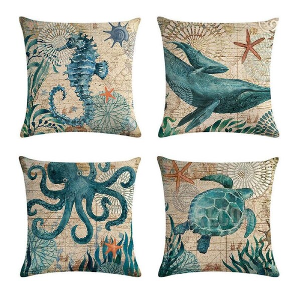 Catzon 4 Pcs Sea Theme Throw Pillow Covers Square Linen Pillowcase for Couch-A