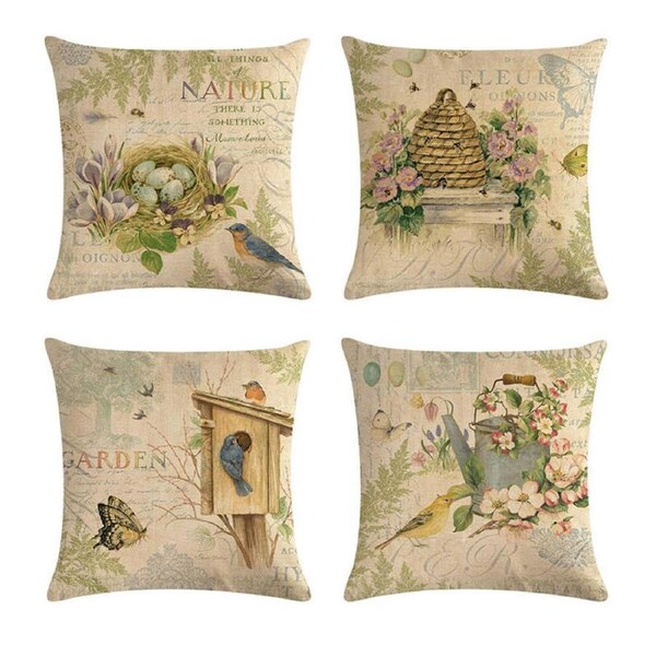 Catzon 4 Pcs Nature Throw Pillow Covers Square Linen Pillowcase for Couch-B