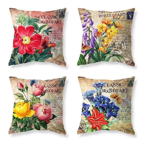 Catzon 4 Pcs Vintage Floral Pillow Covers Cotton Linen Pillowcases for Couch-B