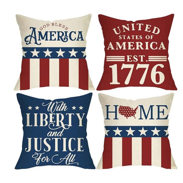 Catzon 4 Pcs American Patriotic Throw Pillow Covers Linen for Home Decor