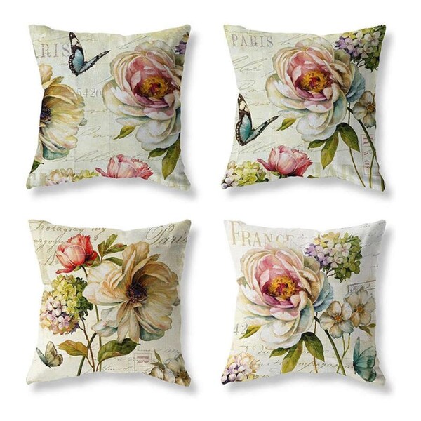 Catzon 4 Pcs Vintage Floral Pillow Covers Cotton Linen Pillowcases for Couch-D