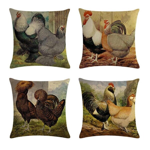 Catzon 4 Pcs Rooster Painting Throw Pillow Covers Linen Pillowcase for Couch-A