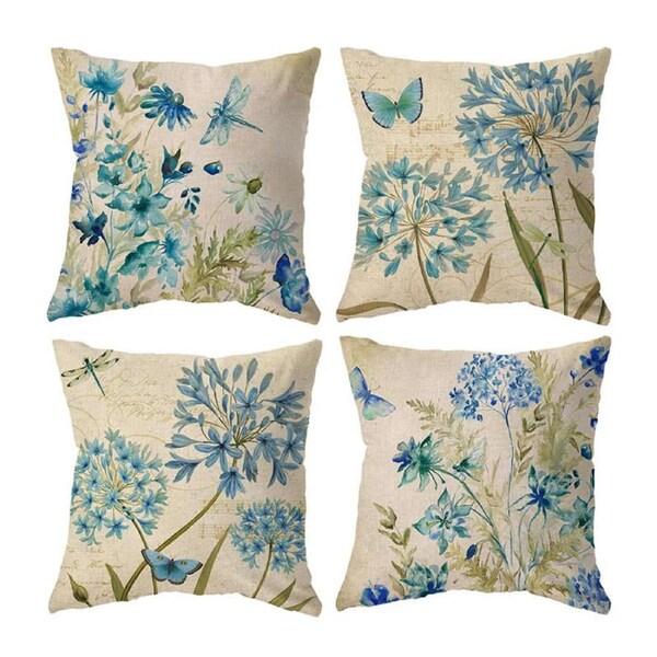 Catzon 4 Pcs Vintage Floral Pillow Covers Cotton Linen Pillowcases for Couch-G