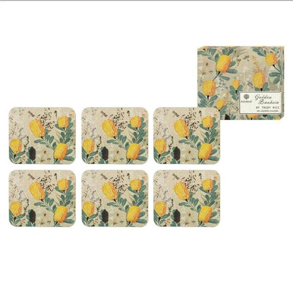 Ashdene Kitchen Cork Backed Drink Coasters Golden Banksia Set 6 522310