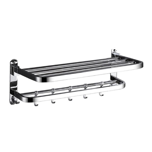 Double Towel Rack Foldable Adhesive 304 Stainless Steel Wall Towel Shelf with Hooks for Bathroom