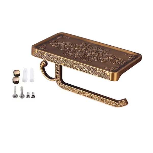 Black Paper Roll Rack with Phone Storage Shelf Aluminum Vintage Toilet Paper Towel Holder for Bathroom Gold