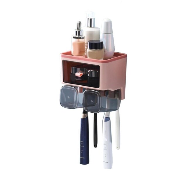 Toothbrush Shelf Punch Free Wall Mounted Mouthwash Cup Holder Toilet Storage Rack Pink 2 Cups