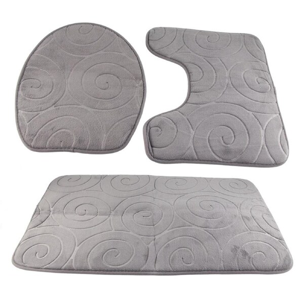 3 PCS Bathroom Mat Set Stone Embossed Toilet Lid Cover Floor Mats Bathtub Side Absorbent Carpets Grey