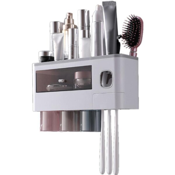 Wall Mounted Toothbrush Holder Multi Function Magnetic Absorption Bathroom Storage Rack with Drawer Toothpaste Dispenser 3 Cup Translucent Gray (31.4x11.3x20cm/12.4x4.4x7.9in)