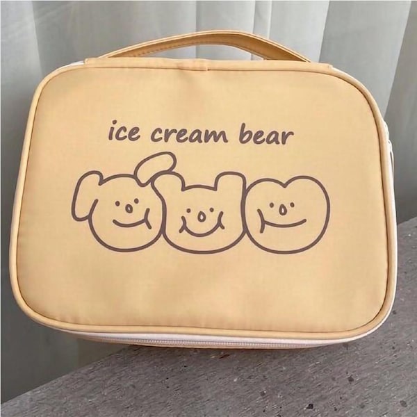 Bear Cosmetic Bag Cute Portable Canvas Toiletry Bag with Zipper for Girls Students Yellow Threee Smile Bear