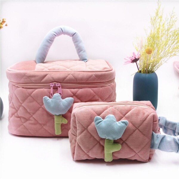 Cosmetic Bag Corduroy Tulip Large Capacity Portable Lovely Toiletry Storage Bag for Girls Pink Large