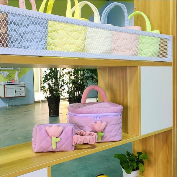 Cosmetic Bag Corduroy Tulip Large Capacity Portable Lovely Toiletry Storage Bag for Girls Taro Purple Large