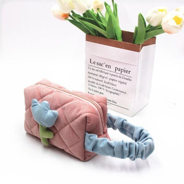 Cosmetic Bag Corduroy Tulip Large Capacity Portable Lovely Toiletry Storage Bag for Girls Pink Small