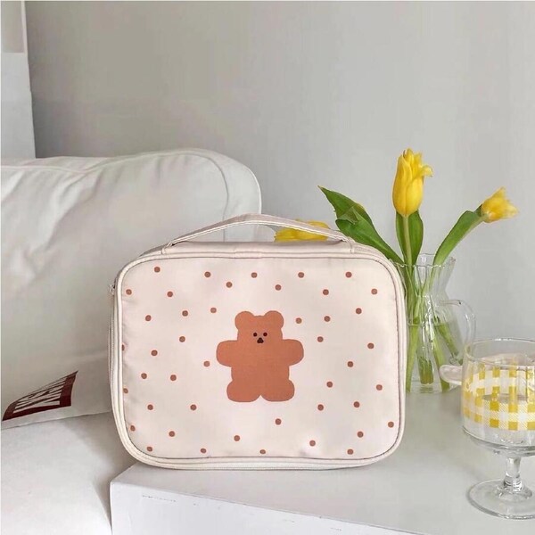 Bear Cosmetic Bag Cute Portable Canvas Toiletry Bag with Zipper for Girls Students Beige Dot Bear