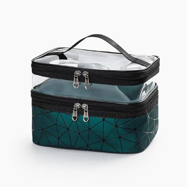 Ladies Cosmetic Bag Transparent Double Layer Waterproof High Capacity Toiletry Storage Bag for Travel Upgrade Rhombus Green