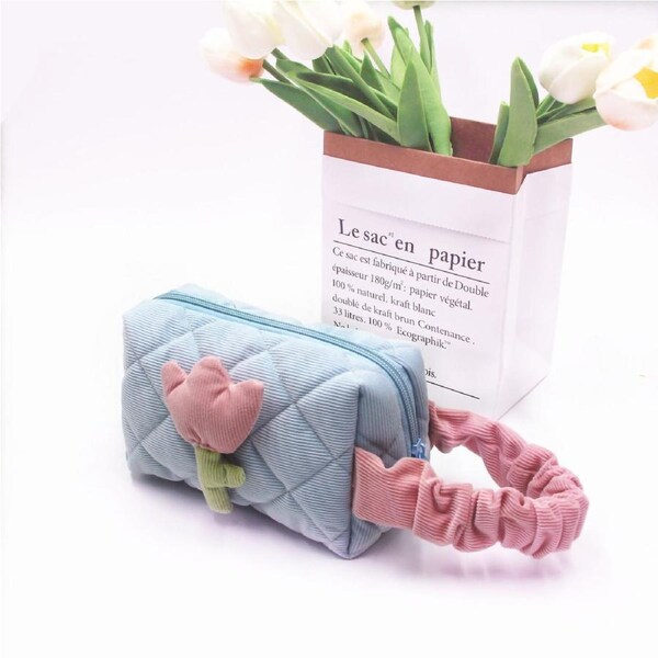 Cosmetic Bag Corduroy Tulip Large Capacity Portable Lovely Toiletry Storage Bag for Girls Light Blue Small