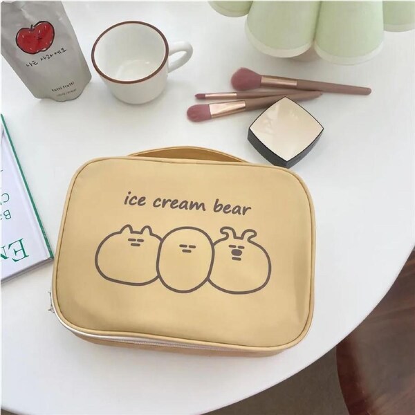 Bear Cosmetic Bag Cute Portable Canvas Toiletry Bag with Zipper for Girls Students Yellow Three Ice Cream Bear