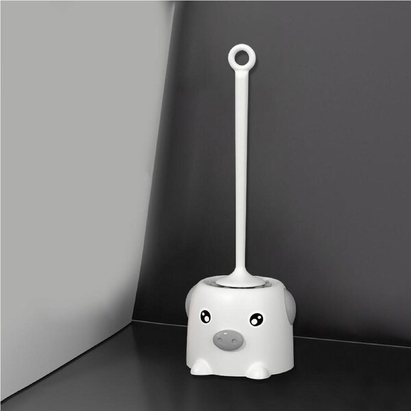 Toilet Brush Set Soft Bristle Extended Handle Cartoon Style Cleaning Toilet Scrubber with Base for Bathroom White