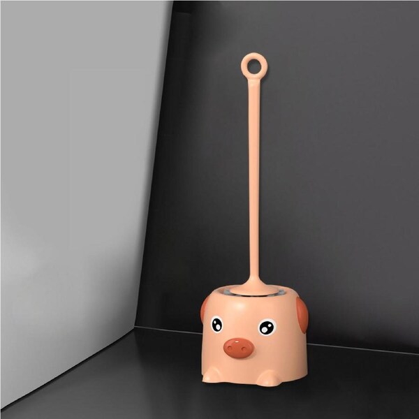 Toilet Brush Set Soft Bristle Extended Handle Cartoon Style Cleaning Toilet Scrubber with Base for Bathroom Pink