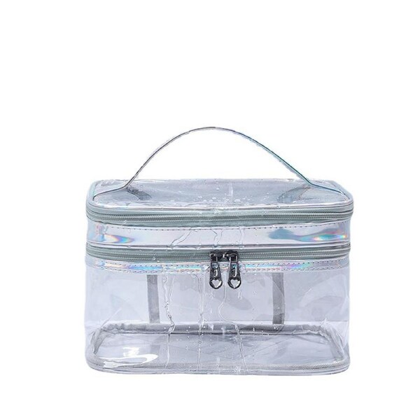 Ladies Cosmetic Bag Transparent Double Layer Waterproof High Capacity Toiletry Storage Bag for Travel Silvery Grey