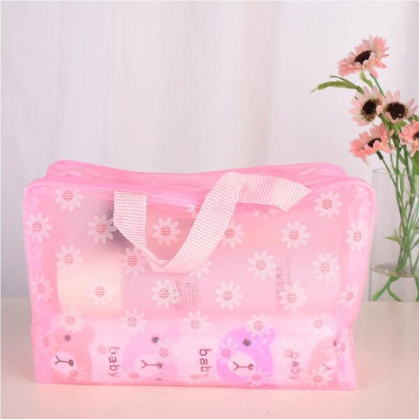 Waterproof Cosmetic Bag PVC Transparent Zippered Toiletry Carry Pouch for Bath SuppliesPink