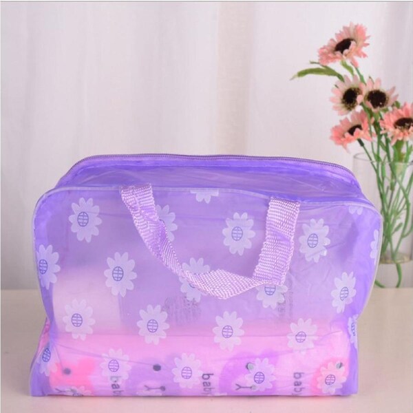 Waterproof Cosmetic Bag PVC Transparent Zippered Toiletry Carry Pouch for Bath SuppliesPurple