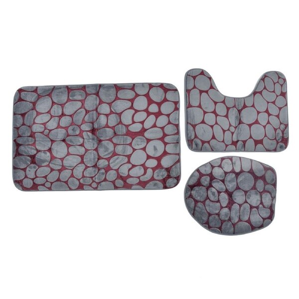 Toilet Mat Set Two Color Stone Texture Flannel Bathroom Rug Set HD Pattern Nonslip Bath Mat with Rubber Backing for Home