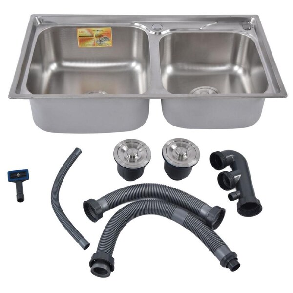 Double Bowl Kitchen Sink Waterproof Scratch Proof Brushed 304 Stainless Steel for Commercial Bar Coffee Shop Use