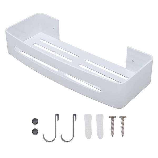 Wall Mount Bathroom Shelf Shower Bath Rack Single Layer Space Aluminum Bathroom Floating Wall Shelves with Hooks White