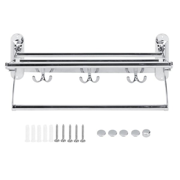 Bathroom Stainless Steel Wall Mounted Folding Towel Rack Storage Holder Shelf with 3 Hooks