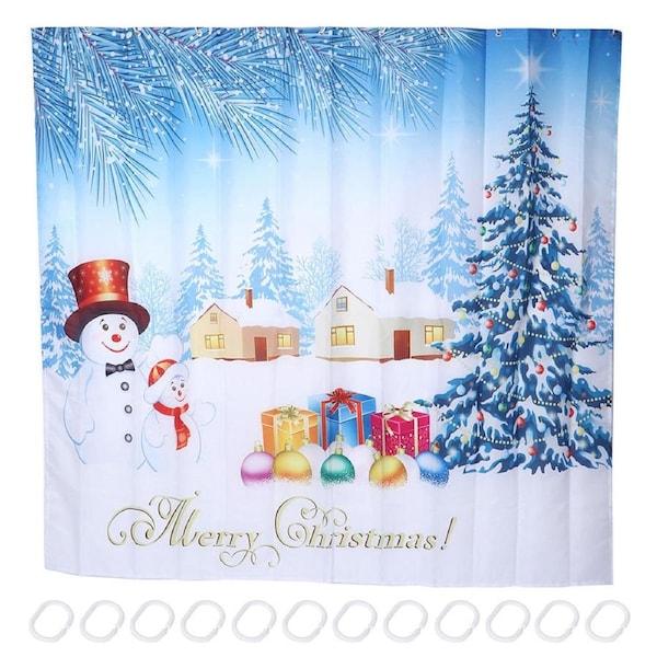 200x180cm Christmas Themed Pattern Waterproof Bathroom Shower Curtain with Hanging Hooks