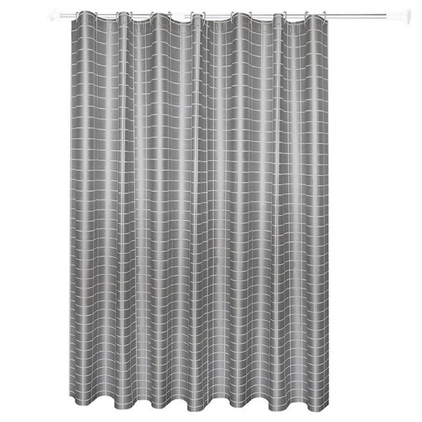 180x180CM Shower Curtain with Stainless Steel Buckle 12 Hooks Grey Grid PEVA Bath Curtain Set for Dorm