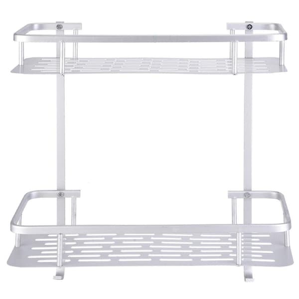 Double Layers Aluminum Wall Mounted Storage Shelf Rack with 2 Hanging Hooks Bathroom