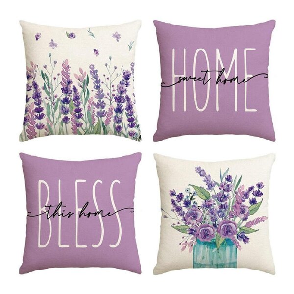 Catzon 4 Pcs Lavender Throw Pillow Covers Linen Summer Cushion Case for Sofa-4