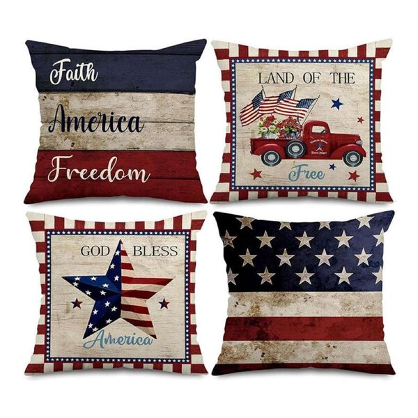 Catzon 4 Pcs USA Throw Pillow Covers 4th of July Patriotic Home Sofa Decor-D