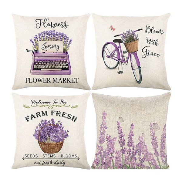 Catzon 4 Pcs Lavender Throw Pillow Covers Linen Summer Cushion Case for Sofa-1