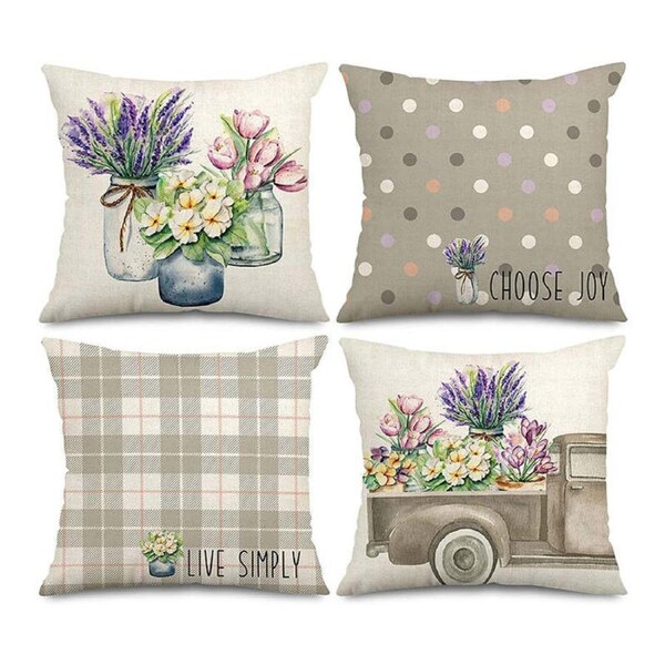 Catzon 4 Pcs Lavender Throw Pillow Covers Linen Summer Cushion Case for Sofa-9