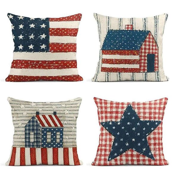 Catzon 4 Pcs USA Throw Pillow Covers 4th of July Patriotic Home Sofa Decor-H