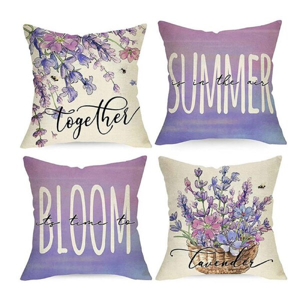 Catzon 4 Pcs Lavender Throw Pillow Covers Linen Summer Cushion Case for Sofa-6