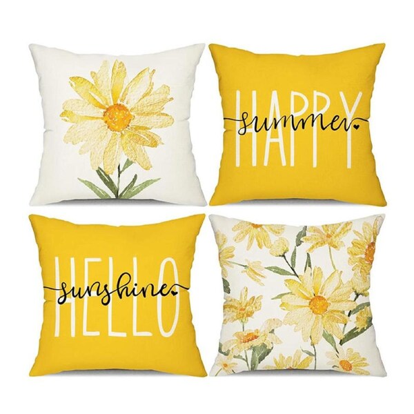 Catzon 4 Pcs Watercolor Daisy Pillow Covers Linen Summer Home Decor