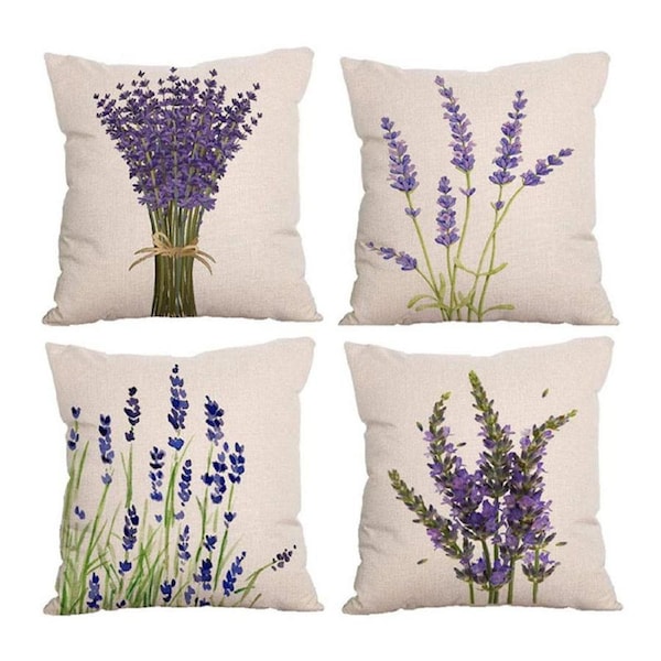 Catzon 4 Pcs Lavender Throw Pillow Covers Linen Summer Cushion Case for Sofa-3