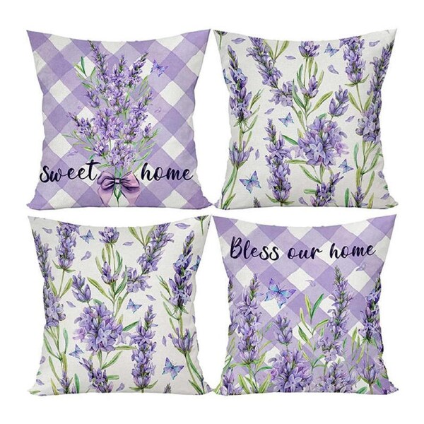Catzon 4 Pcs Lavender Throw Pillow Covers Linen Summer Cushion Case for Sofa-5
