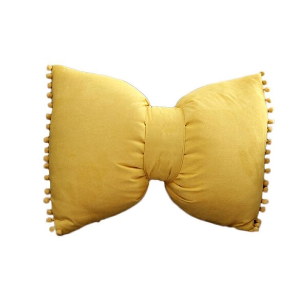 Catzon Bow Throw Pillow Covers with Pom Poms Soft Velvet Boho Decor-Yellow