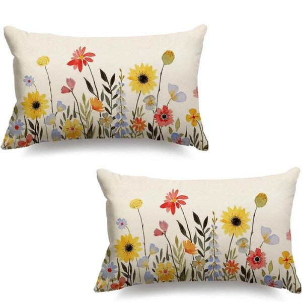 Catzon 2 Pcs Summer Lumbar Pillow Covers Linen Pillowcase for Home Decor-Set 37