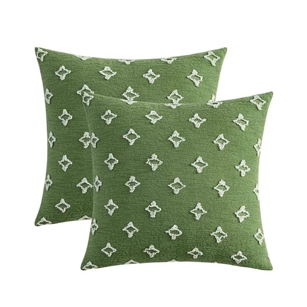 Catzon 2 Pcs Rhombic Jacquard Pillowcases Soft Square Cushion Cover for Couch-Green