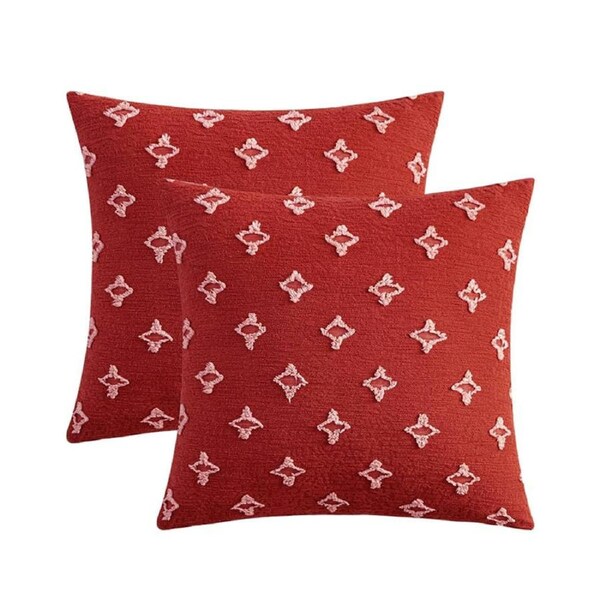Catzon 2 Pcs Rhombic Jacquard Pillowcases Soft Square Cushion Cover for Couch-Red