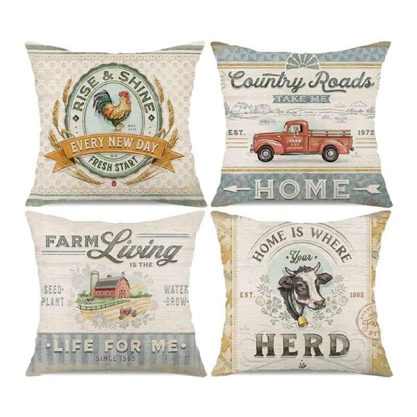 Catzon 4 Pcs Vintage Throw Pillow Covers Linen Farmhouse Home Decor-Set I