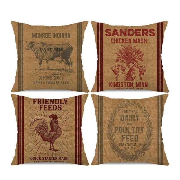 Catzon 4 Pcs Vintage Throw Pillow Covers Linen Farmhouse Home Decor-Set G