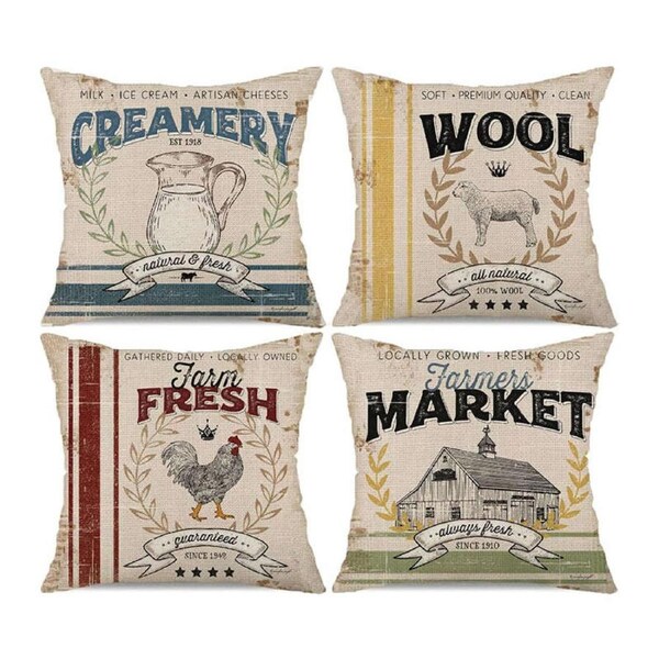 Catzon 4 Pcs Vintage Throw Pillow Covers Linen Farmhouse Home Decor-Set E