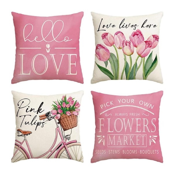 Catzon 4 Pcs Tulips Bicycle Pillow Covers Spring Decorative Cushion Cases-Pink